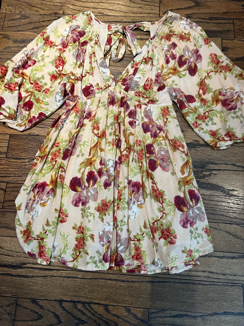 Free People Floral Tie-Back Mini Dress in Cream and Burgundy